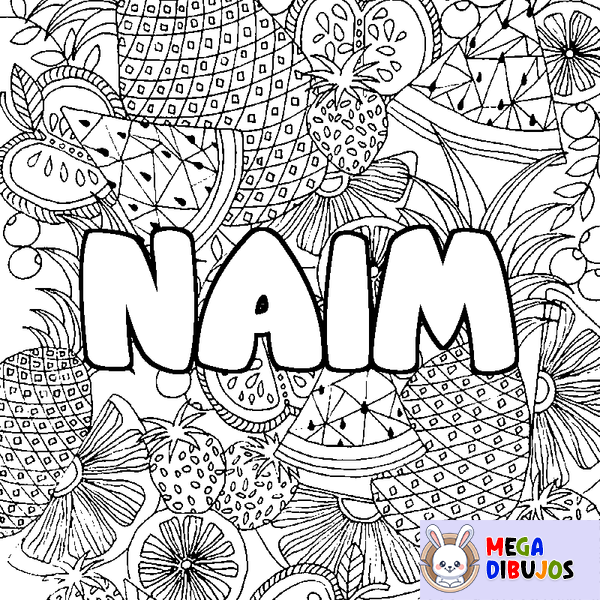 Coloraci&oacute;n del nombre NAIM - decorado mandala de frutas
