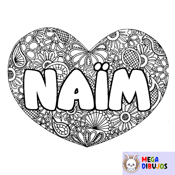 Coloraci&oacute;n del nombre NA&Iuml;M - decorado mandala de coraz&oacute;n