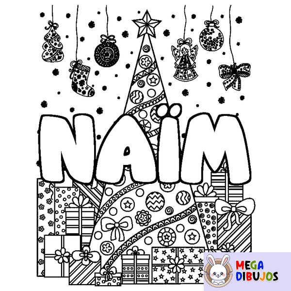 Coloraci&oacute;n del nombre NA&Iuml;M - decorado &aacute;rbol de Navidad y regalos