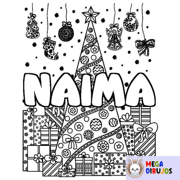 Coloraci&oacute;n del nombre NAIMA - decorado &aacute;rbol de Navidad y regalos