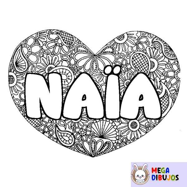 Coloraci&oacute;n del nombre NA&Iuml;A - decorado mandala de coraz&oacute;n