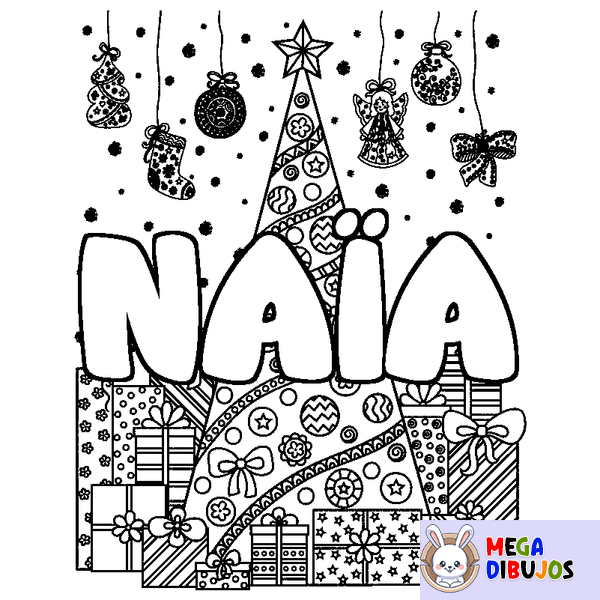 Coloraci&oacute;n del nombre NA&Iuml;A - decorado &aacute;rbol de Navidad y regalos