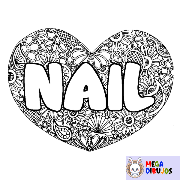 Coloraci&oacute;n del nombre NAIL - decorado mandala de coraz&oacute;n