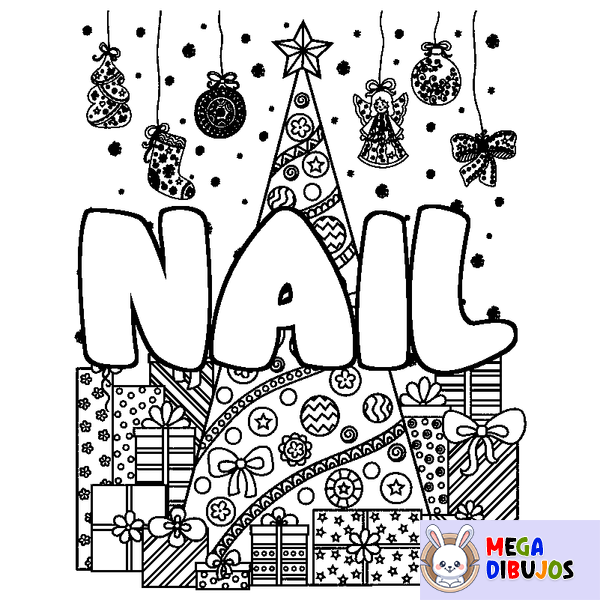 Coloraci&oacute;n del nombre NAIL - decorado &aacute;rbol de Navidad y regalos