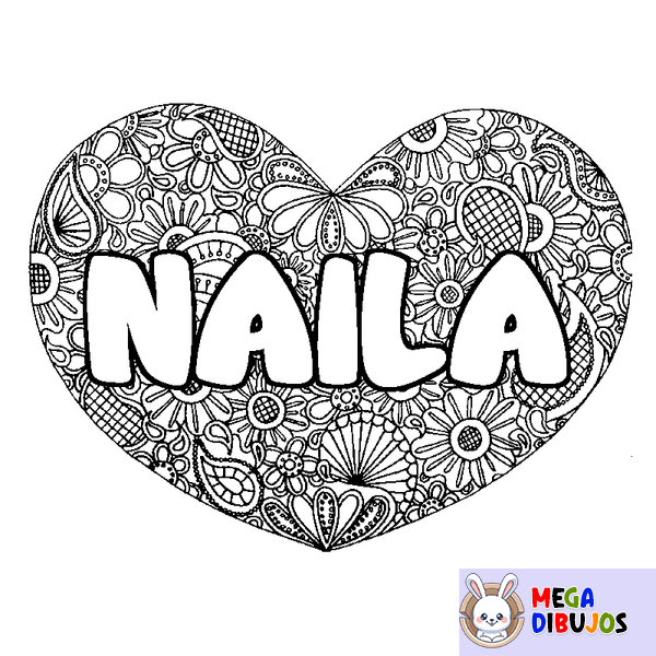 Coloraci&oacute;n del nombre NAILA - decorado mandala de coraz&oacute;n
