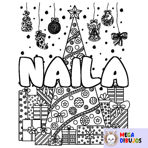 Coloraci&oacute;n del nombre NAILA - decorado &aacute;rbol de Navidad y regalos