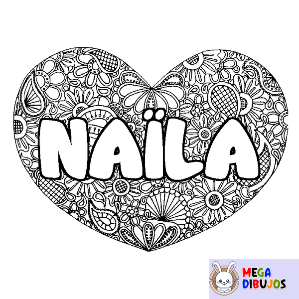 Coloraci&oacute;n del nombre NA&Iuml;LA - decorado mandala de coraz&oacute;n