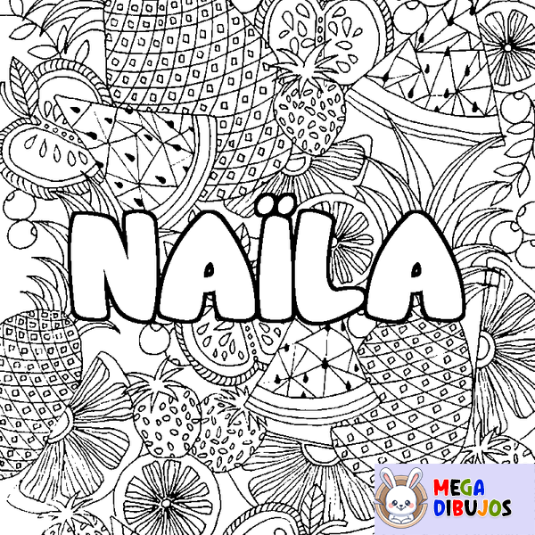 Coloraci&oacute;n del nombre NA&Iuml;LA - decorado mandala de frutas