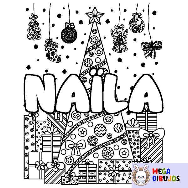 Coloraci&oacute;n del nombre NA&Iuml;LA - decorado &aacute;rbol de Navidad y regalos