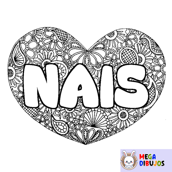 Coloraci&oacute;n del nombre NAIS - decorado mandala de coraz&oacute;n