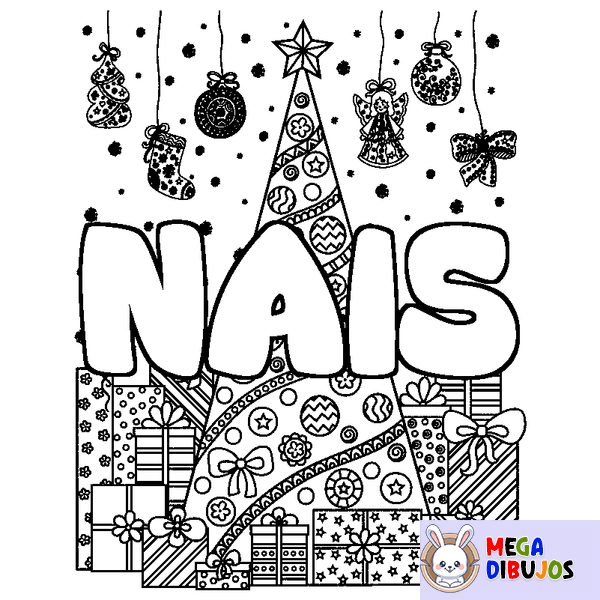 Coloraci&oacute;n del nombre NAIS - decorado &aacute;rbol de Navidad y regalos