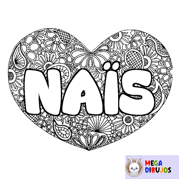 Coloraci&oacute;n del nombre NA&Iuml;S - decorado mandala de coraz&oacute;n