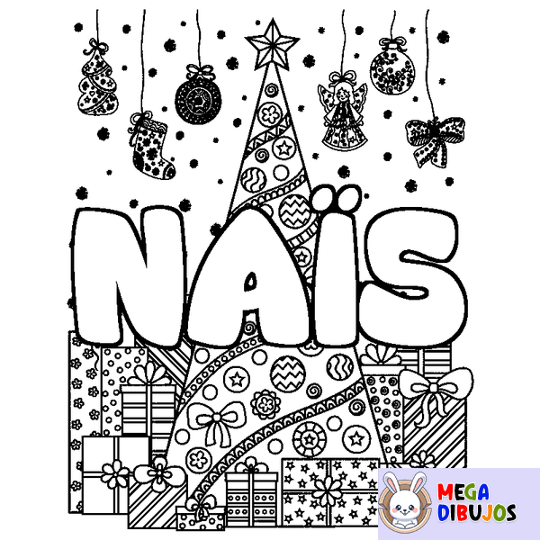 Coloraci&oacute;n del nombre NA&Iuml;S - decorado &aacute;rbol de Navidad y regalos