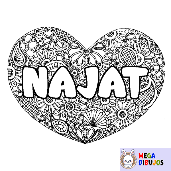 Coloraci&oacute;n del nombre NAJAT - decorado mandala de coraz&oacute;n