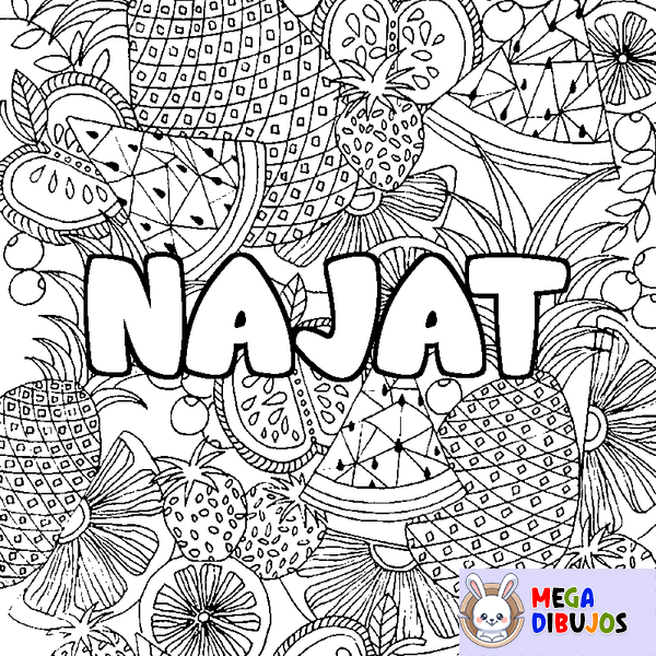 Coloraci&oacute;n del nombre NAJAT - decorado mandala de frutas