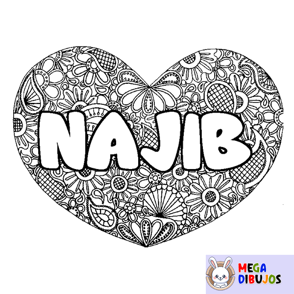 Coloraci&oacute;n del nombre NAJIB - decorado mandala de coraz&oacute;n