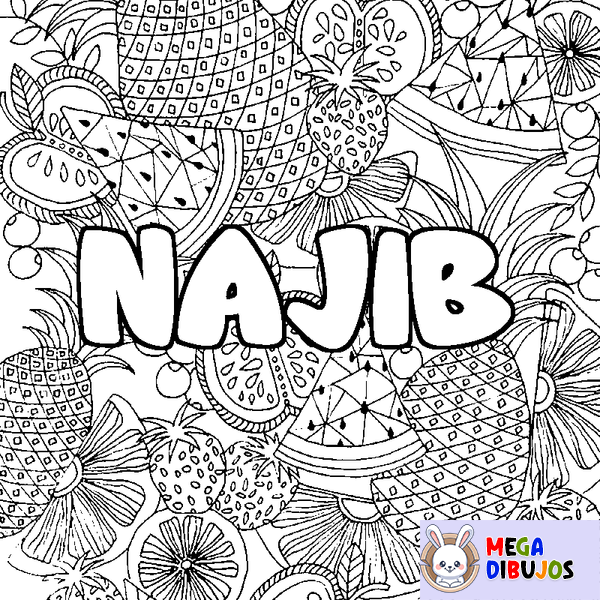 Coloraci&oacute;n del nombre NAJIB - decorado mandala de frutas