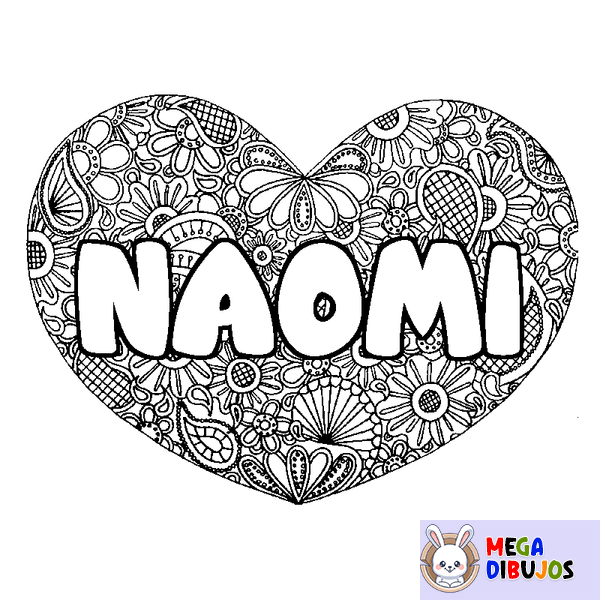 Coloraci&oacute;n del nombre NAOMI - decorado mandala de coraz&oacute;n