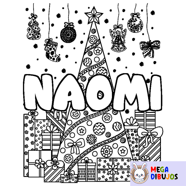 Coloraci&oacute;n del nombre NAOMI - decorado &aacute;rbol de Navidad y regalos