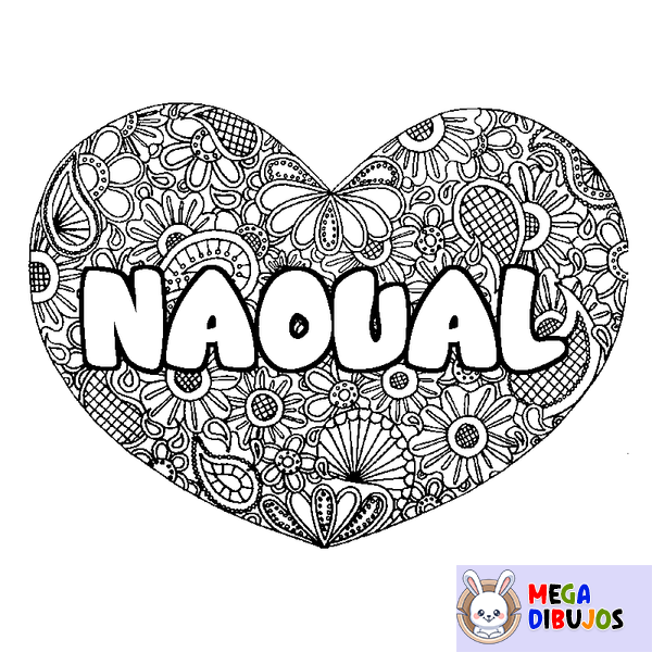 Coloraci&oacute;n del nombre NAOUAL - decorado mandala de coraz&oacute;n