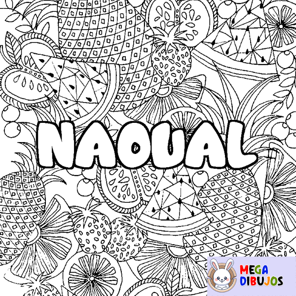Coloraci&oacute;n del nombre NAOUAL - decorado mandala de frutas