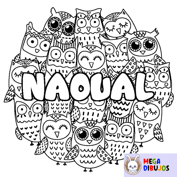 Coloraci&oacute;n del nombre NAOUAL - decorado b&uacute;hos