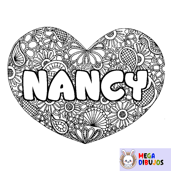 Coloraci&oacute;n del nombre NANCY - decorado mandala de coraz&oacute;n