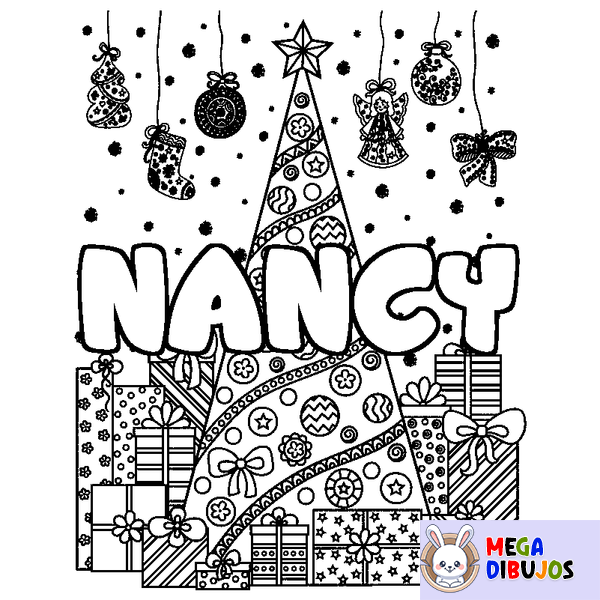 Coloraci&oacute;n del nombre NANCY - decorado &aacute;rbol de Navidad y regalos