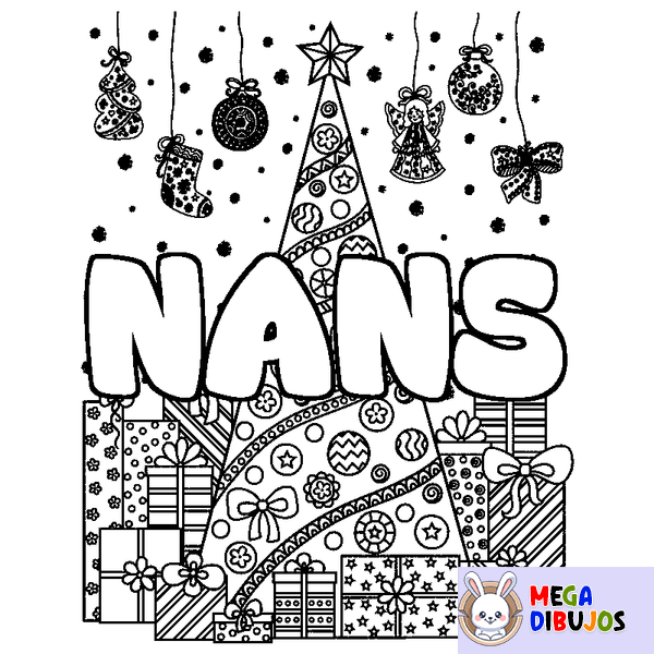 Coloraci&oacute;n del nombre NANS - decorado &aacute;rbol de Navidad y regalos