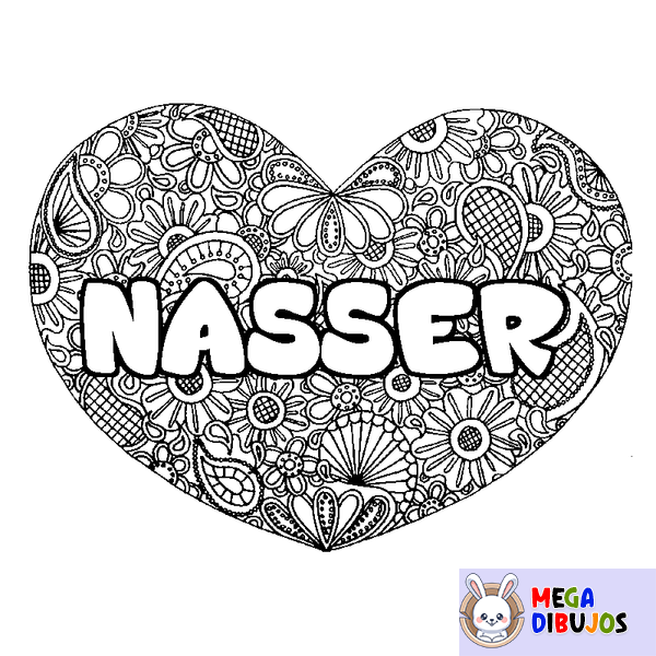 Coloraci&oacute;n del nombre NASSER - decorado mandala de coraz&oacute;n