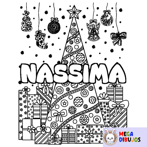 Coloraci&oacute;n del nombre NASSIMA - decorado &aacute;rbol de Navidad y regalos
