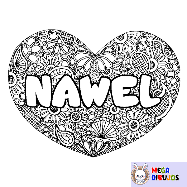 Coloraci&oacute;n del nombre NAWEL - decorado mandala de coraz&oacute;n
