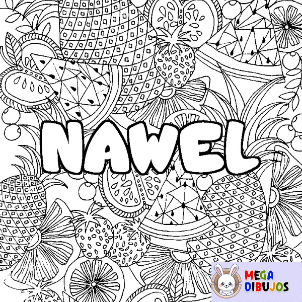 Coloraci&oacute;n del nombre NAWEL - decorado mandala de frutas