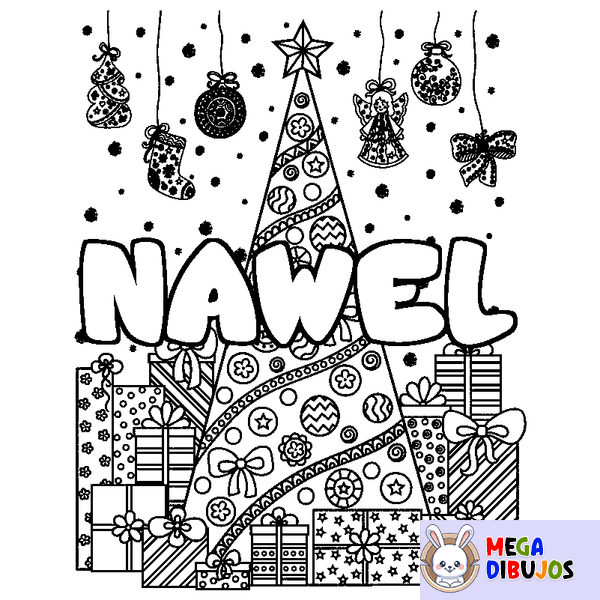 Coloraci&oacute;n del nombre NAWEL - decorado &aacute;rbol de Navidad y regalos