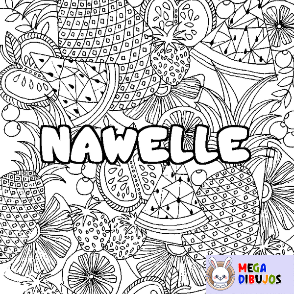 Coloraci&oacute;n del nombre NAWELLE - decorado mandala de frutas