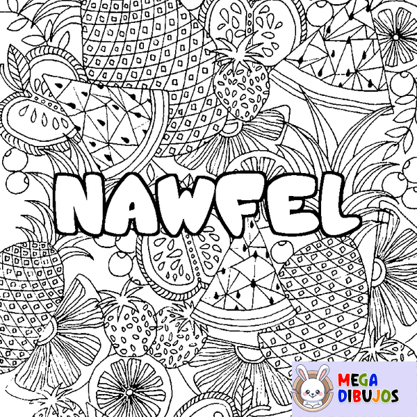 Coloraci&oacute;n del nombre NAWFEL - decorado mandala de frutas