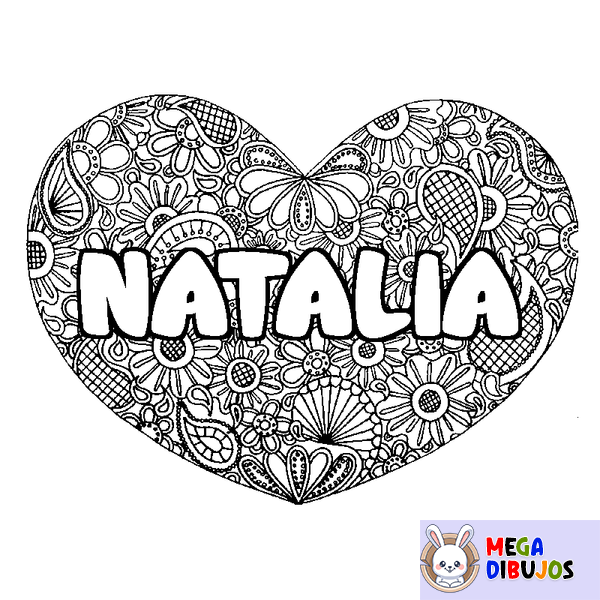 Coloraci&oacute;n del nombre NATALIA - decorado mandala de coraz&oacute;n