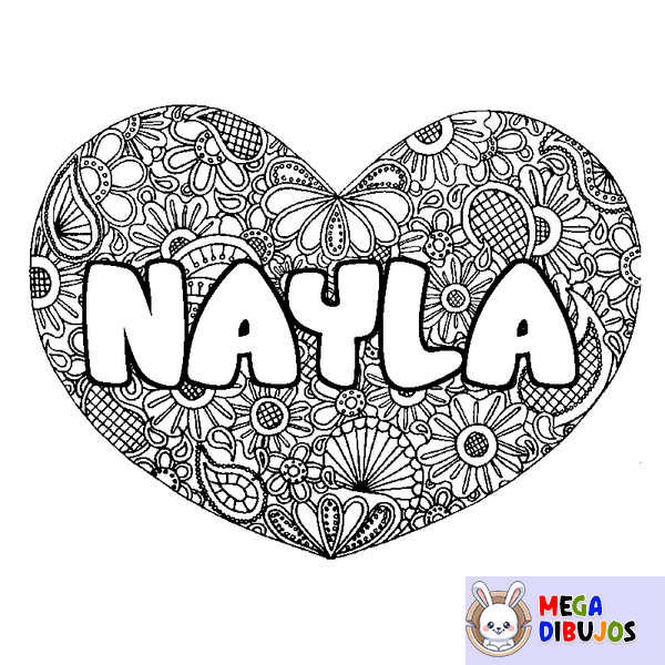Coloraci&oacute;n del nombre NAYLA - decorado mandala de coraz&oacute;n
