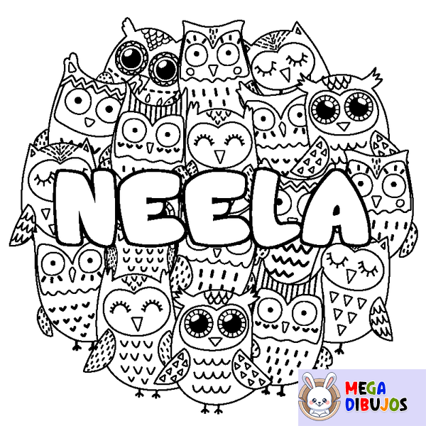 Coloraci&oacute;n del nombre NEELA - decorado b&uacute;hos