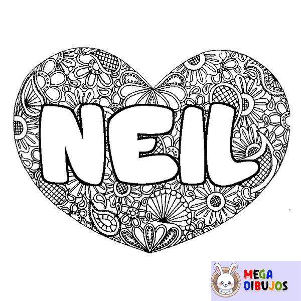 Coloraci&oacute;n del nombre NEIL - decorado mandala de coraz&oacute;n
