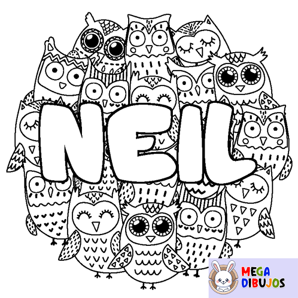 Coloraci&oacute;n del nombre NEIL - decorado b&uacute;hos