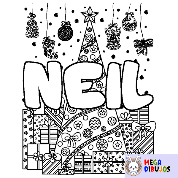 Coloraci&oacute;n del nombre NEIL - decorado &aacute;rbol de Navidad y regalos
