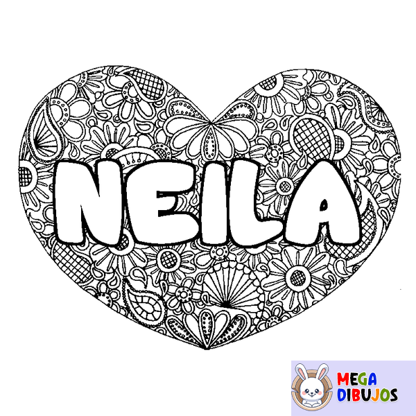 Coloraci&oacute;n del nombre NEILA - decorado mandala de coraz&oacute;n