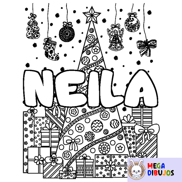 Coloraci&oacute;n del nombre NEILA - decorado &aacute;rbol de Navidad y regalos