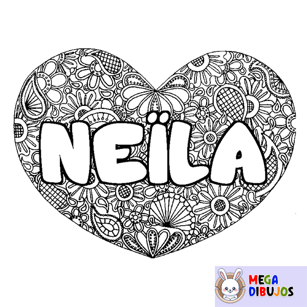 Coloraci&oacute;n del nombre NE&Iuml;LA - decorado mandala de coraz&oacute;n