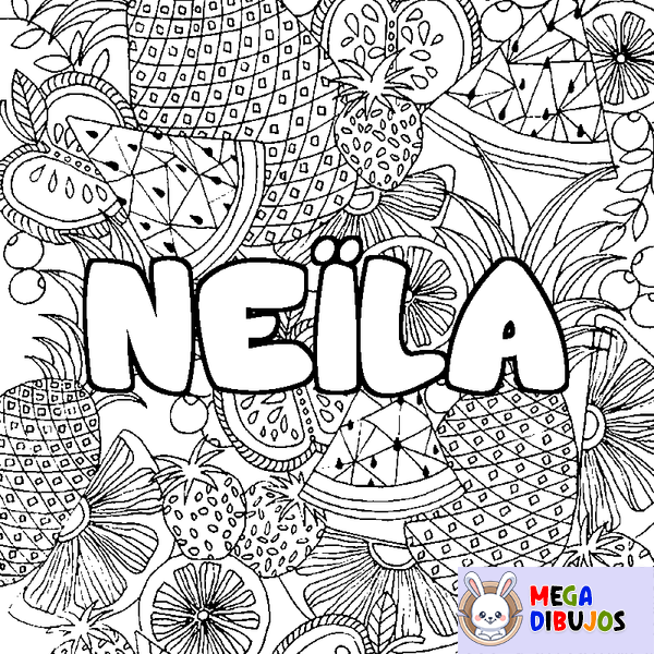 Coloraci&oacute;n del nombre NE&Iuml;LA - decorado mandala de frutas