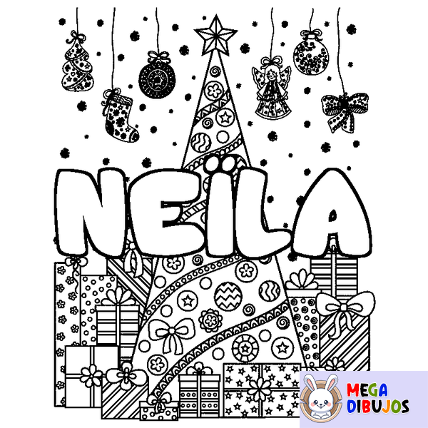 Coloraci&oacute;n del nombre NE&Iuml;LA - decorado &aacute;rbol de Navidad y regalos