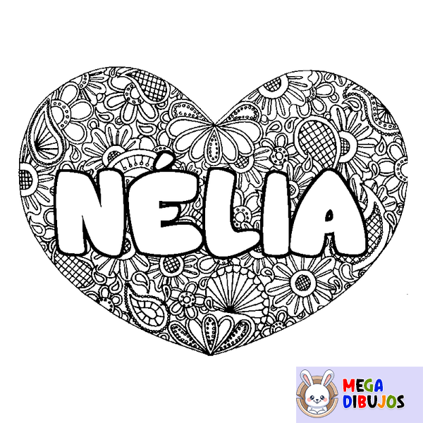 Coloraci&oacute;n del nombre N&Eacute;LIA - decorado mandala de coraz&oacute;n
