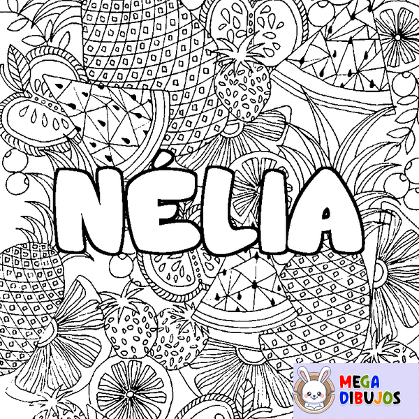 Coloraci&oacute;n del nombre N&Eacute;LIA - decorado mandala de frutas