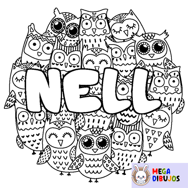 Coloraci&oacute;n del nombre NELL - decorado b&uacute;hos